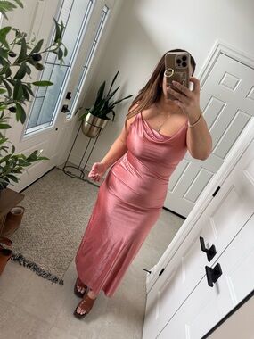 Cowl Neck Satin Maxi Dress in Rose Pink